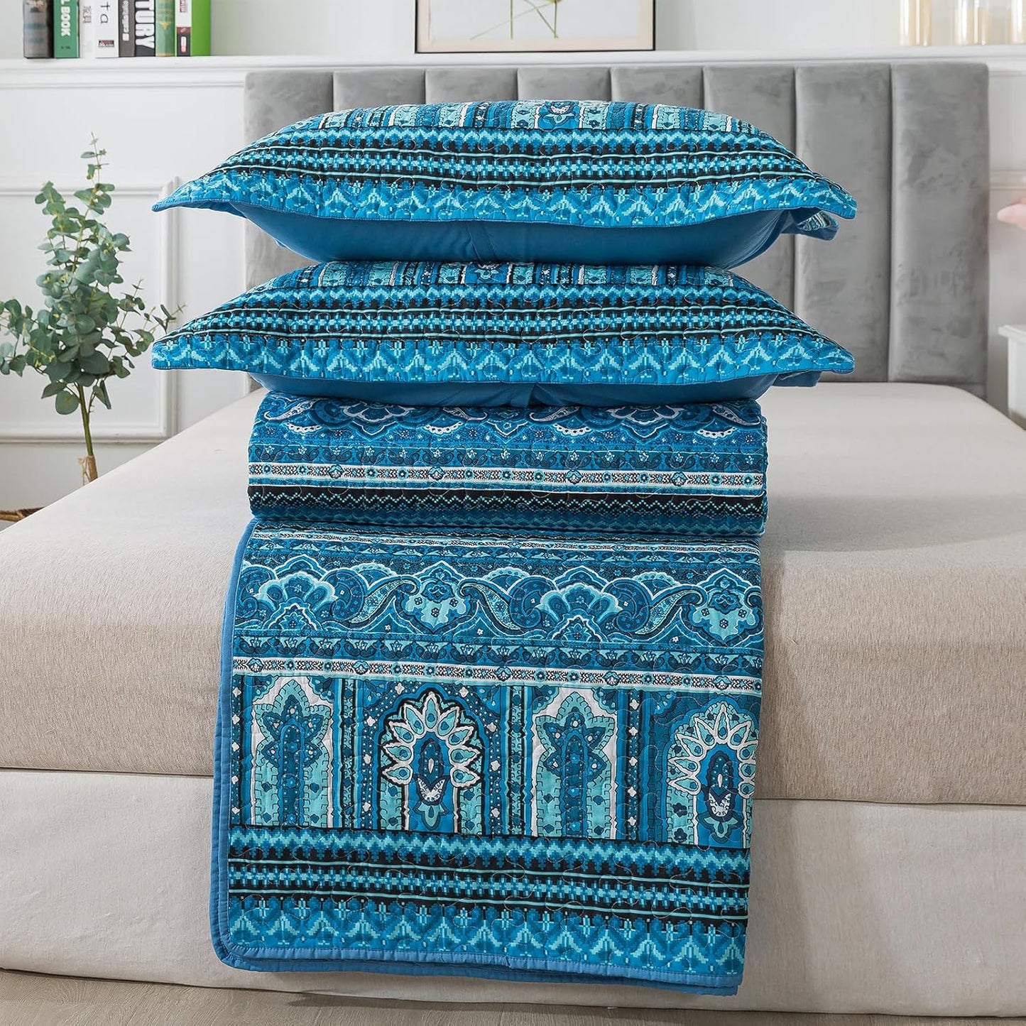 BEDIFANY Cotton Queen Quilt Sets, Lightweight Boho Queen Size Quilt Bedding Set with 2 Pillow Shams for Bed Decorations, Reversible Quilted Bedspread Coverlets for All Seasons