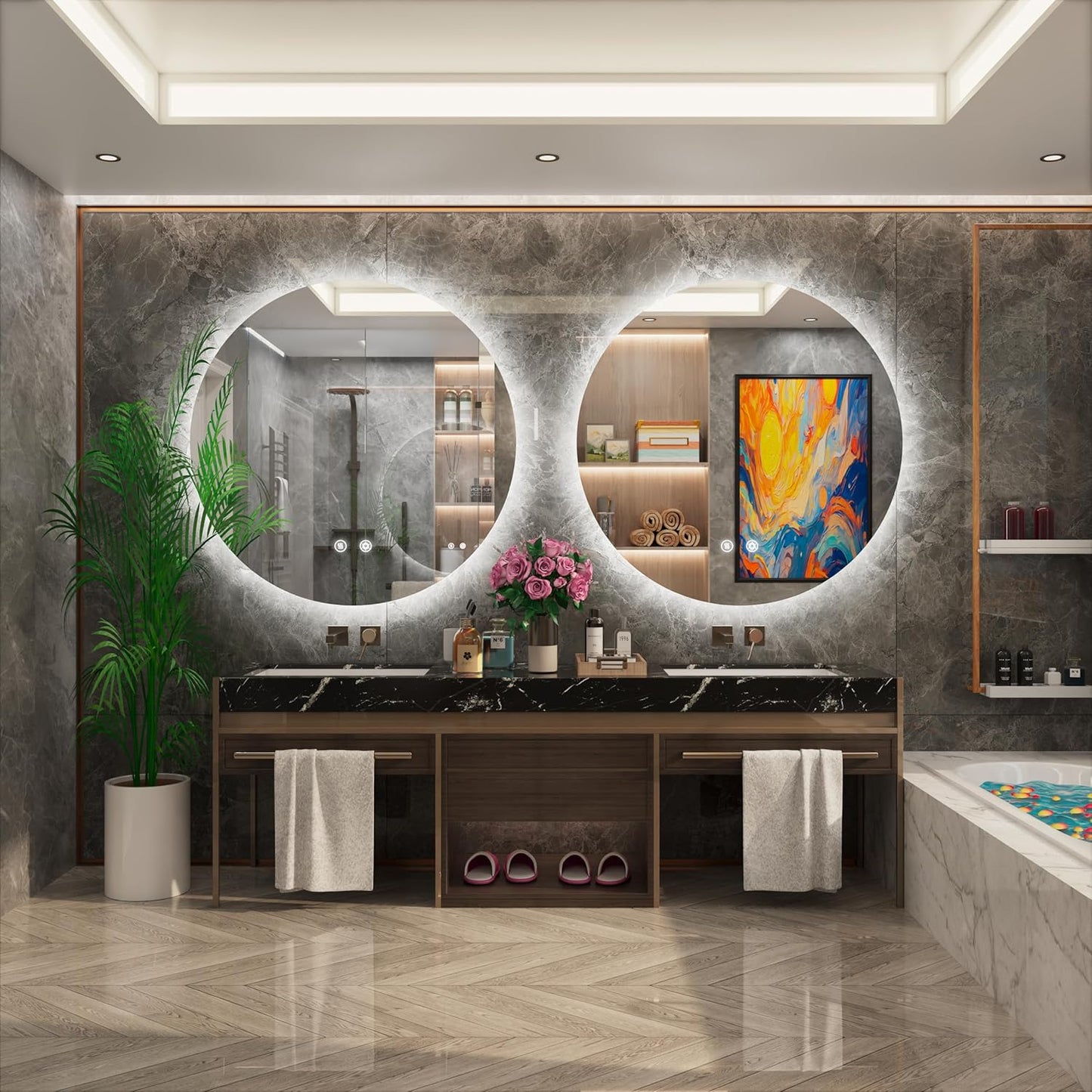 42-inch Round LED Bathroom Mirror with Light, 3 Color Temperatures (3000K/4500K/6000K), Dimmable Backlit, Anti-Fog, 5MM HD Glass, CRI 90+, Memory, Frameless