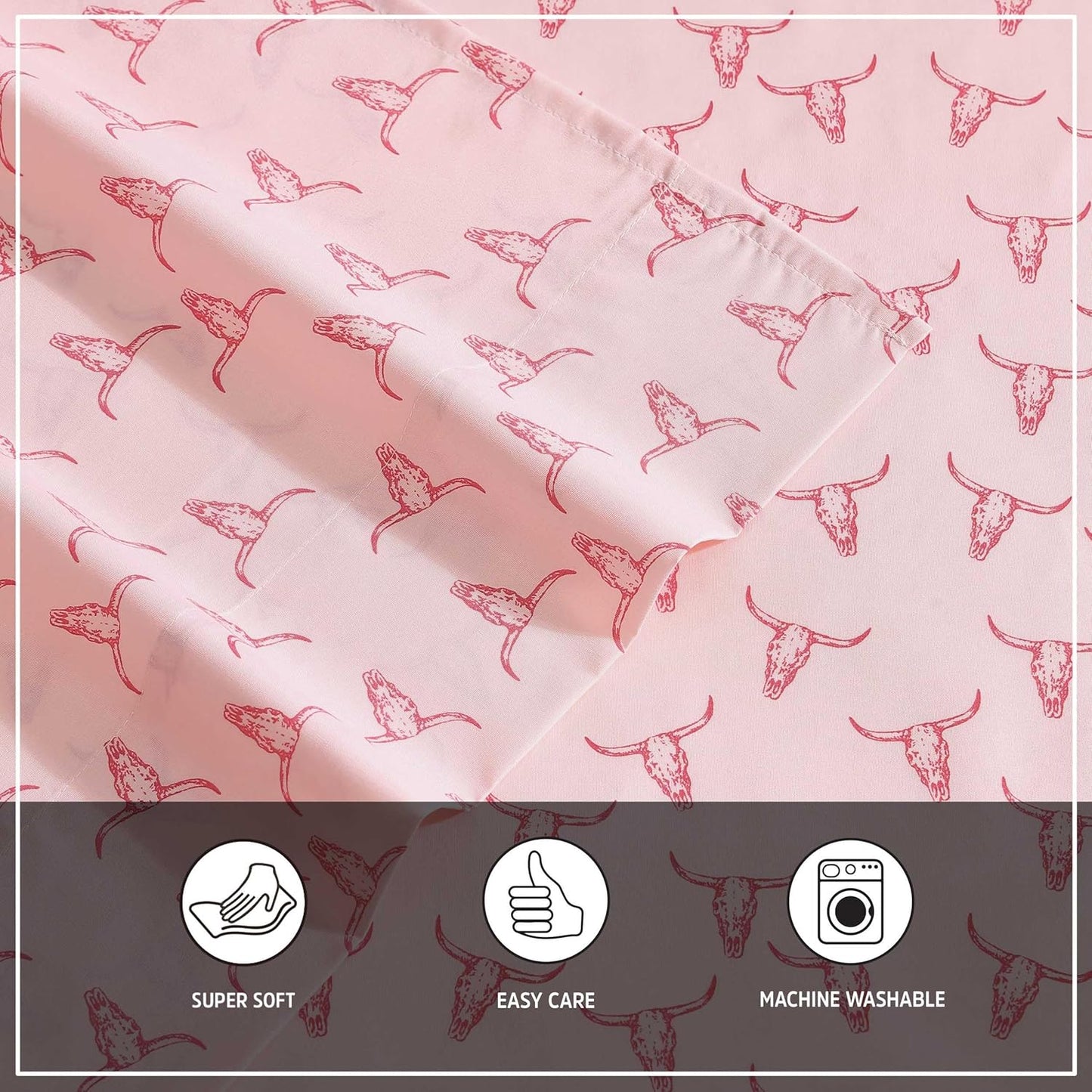 Wrangler - King Bed Sheets, Ultra-Soft & Lightweight Bedding with Matching Pillowcases, Lightweight Bed Set for All Season Comfort, Oeko-Tex Certified (Steer Skulls Pink)