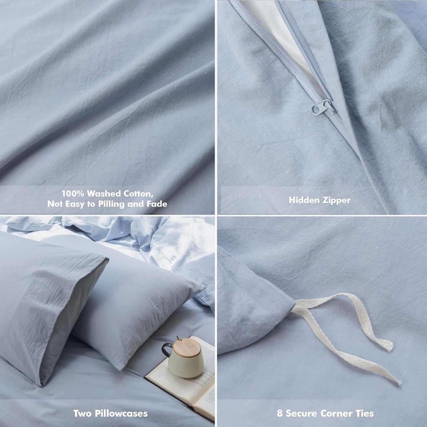 FOSSA Duvet Cover Set 100% Washed Cotton Linen Feel Super Soft Breathable Cozy 3 Pieces Bedding Sets Solid Cornflower Blue Super Queen