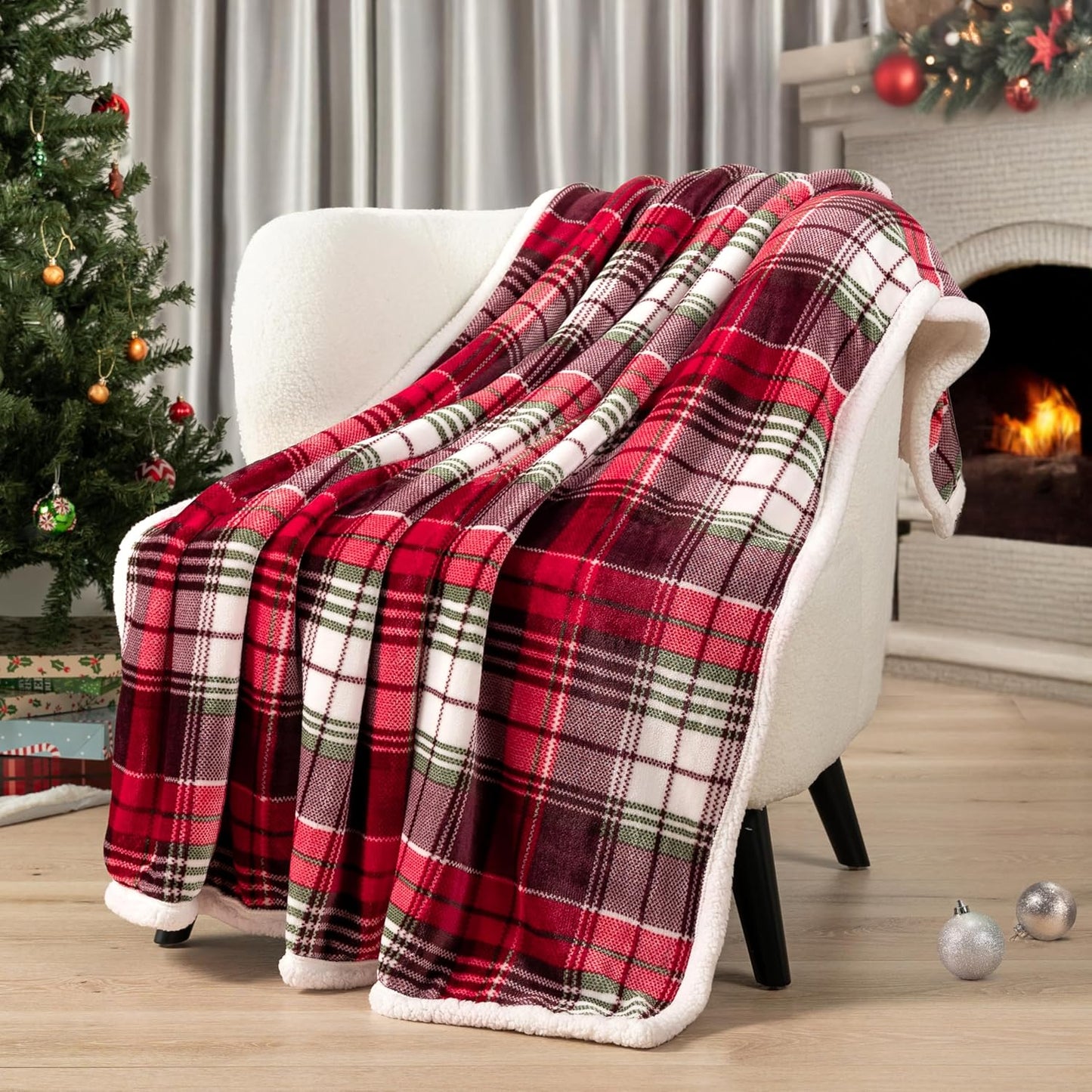 PAVILIA Christmas Plaid Blanket | Sherpa Fleece Flannel Throw Blanket | Christmas Plaid Warm Plush Microfiber Blanket for Couch Sofa | 60x80 Inches