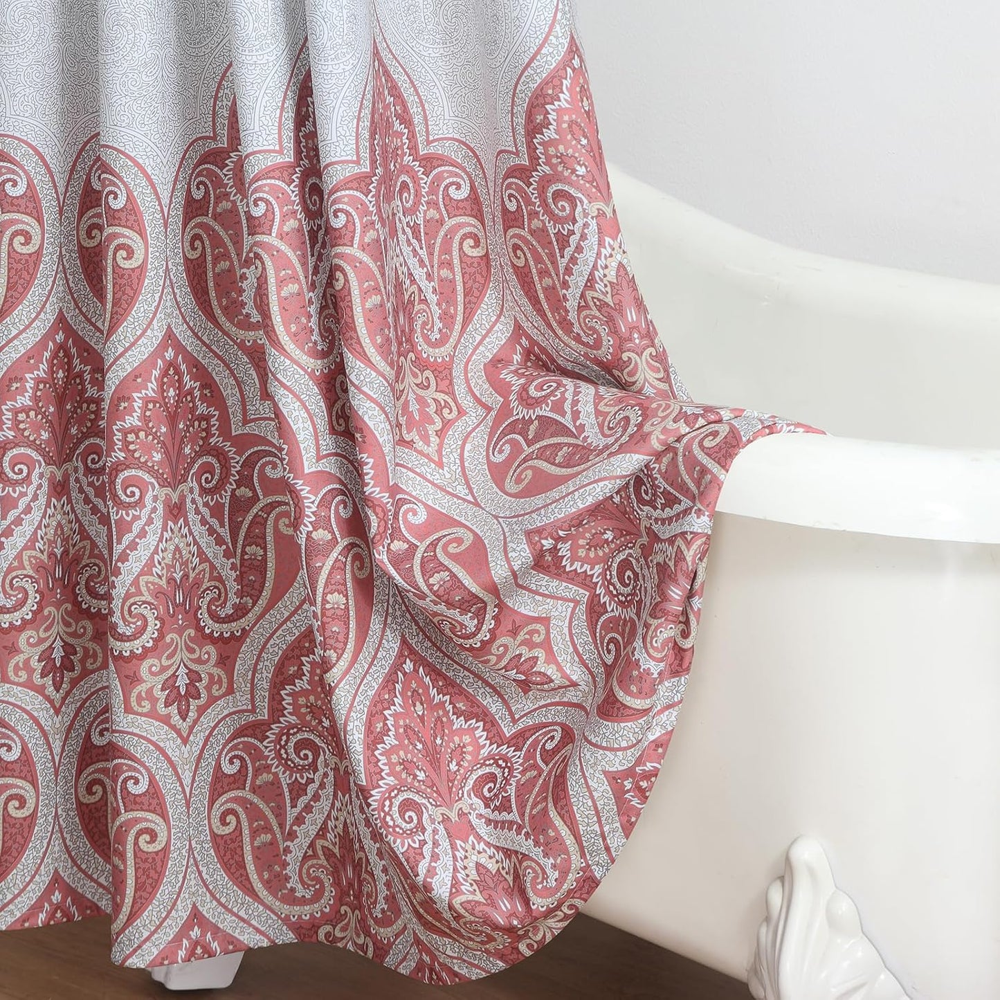 90 Inch Paisley Shower Curtain, Extra Long Water Repellent Fabric with Terracotta & Gray Bohemian Print, 12 Metal Grommets & Weighted Hem, 72x90 Inches