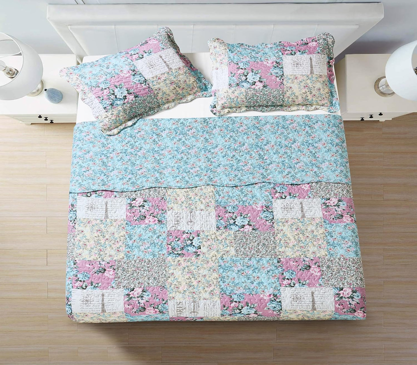 Brilliant Sunshine Lilac Rose Toile Quilt Set, 3-Piece Bedding Sets, Traditional Lively Patchwork Design, Washable, Reversible Bedspread, Soft Lightweight Coverlet, All-Season, King/Cal King, Egg Blue