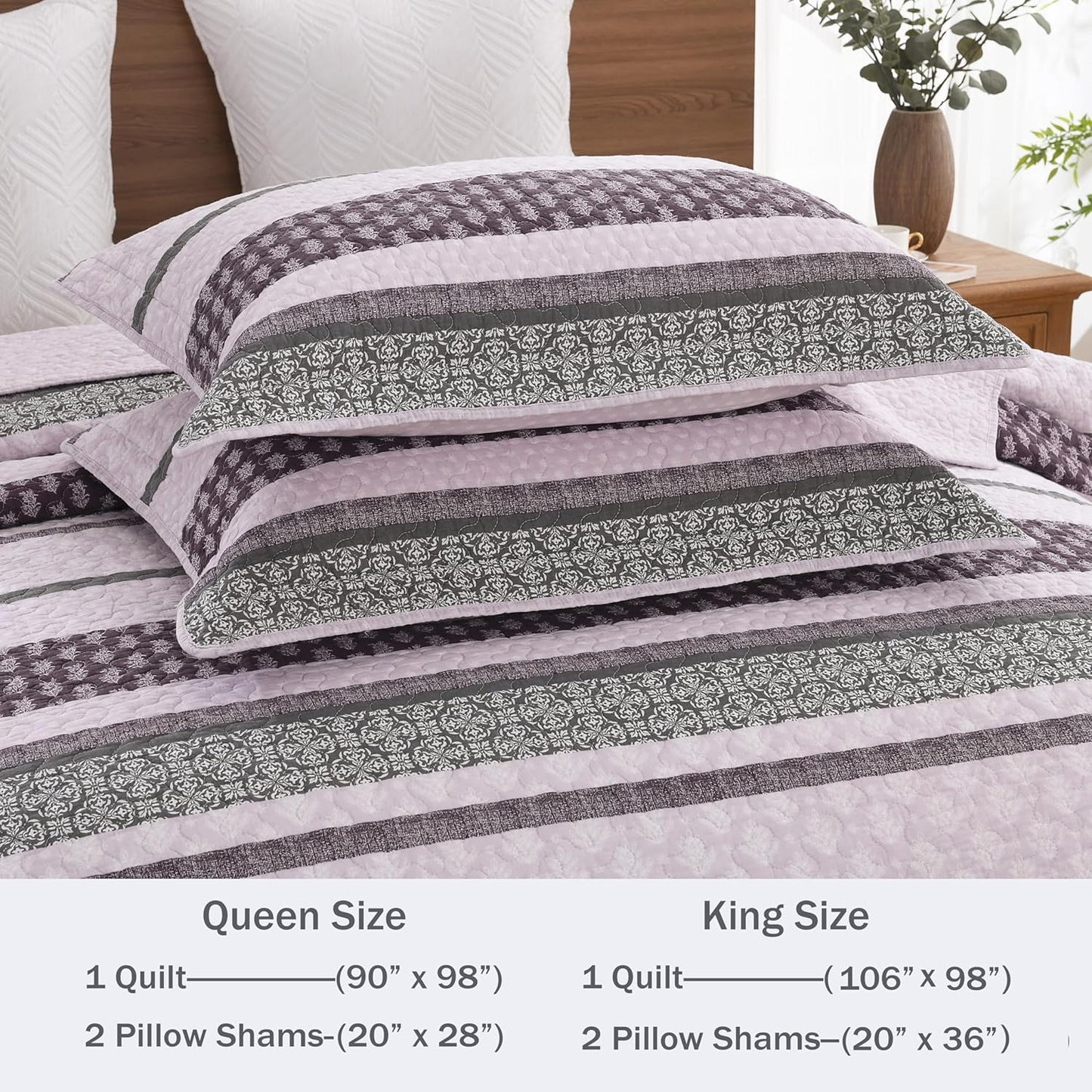 Homzard Quilts Queen Size, Cotton Comforter Set, Purple and Grey Queen Bed Set,Lightweight Striped Bedding, Farmhouse Bedspread All Season 3 Pieces