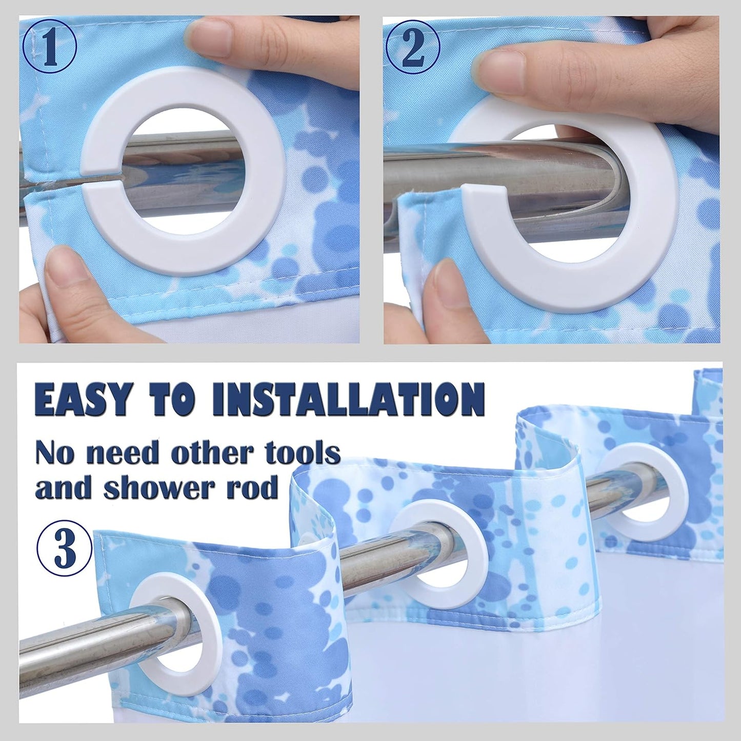 Conbo Mio No Hook Shower Curtain with Snap in Liner Set, Hotel Luxury Blue Shower Curtains for Bathroom with See Through Top Window, Waterproof, Washable 71W x 74H