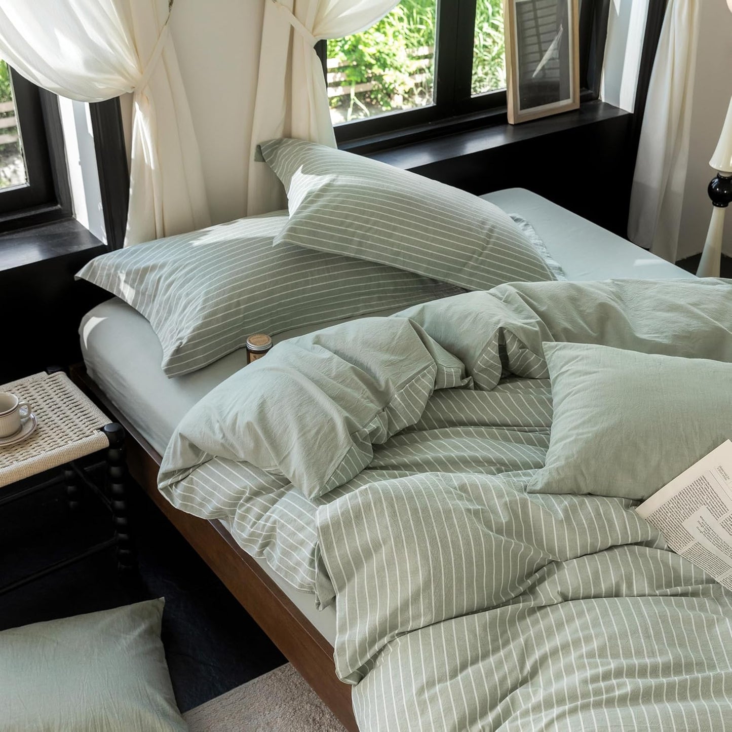 Reversible Duvet Cover Set 100% Washed Cotton Green Stripe Linen Feel Duvet Cover Queen Size with Zipper Closure & 2 Pillow Shams,Celadon Green/White Stripe Reverse Solid Celadon Green