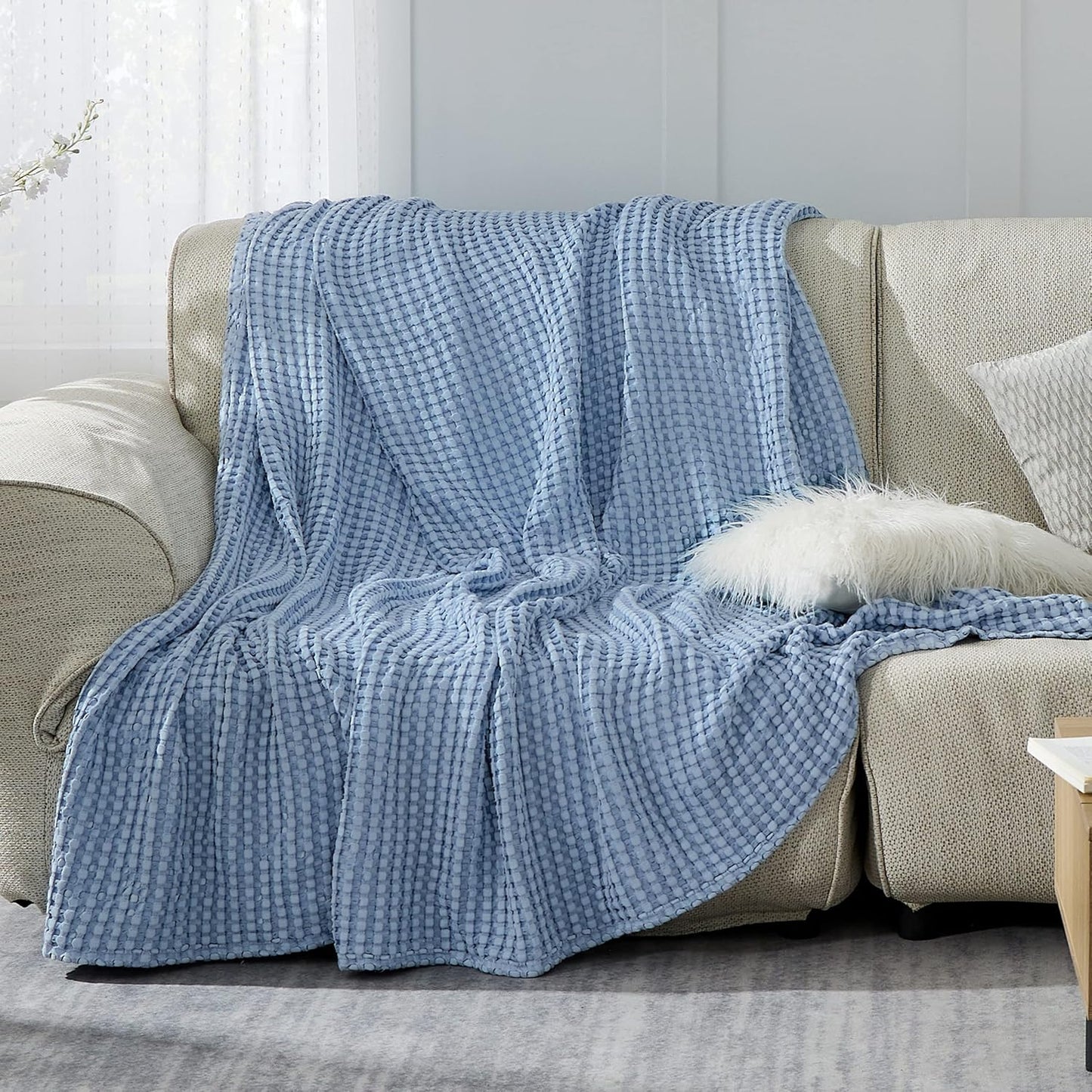 Bedsure Cooling Cotton Waffle King Size Blanket - Lightweight Breathable Blanket of Rayon Derived from Bamboo for Hot Sleepers, Luxury Throws for Bed, Couch and Sofa, Sky Blue, 104x90 Inches
