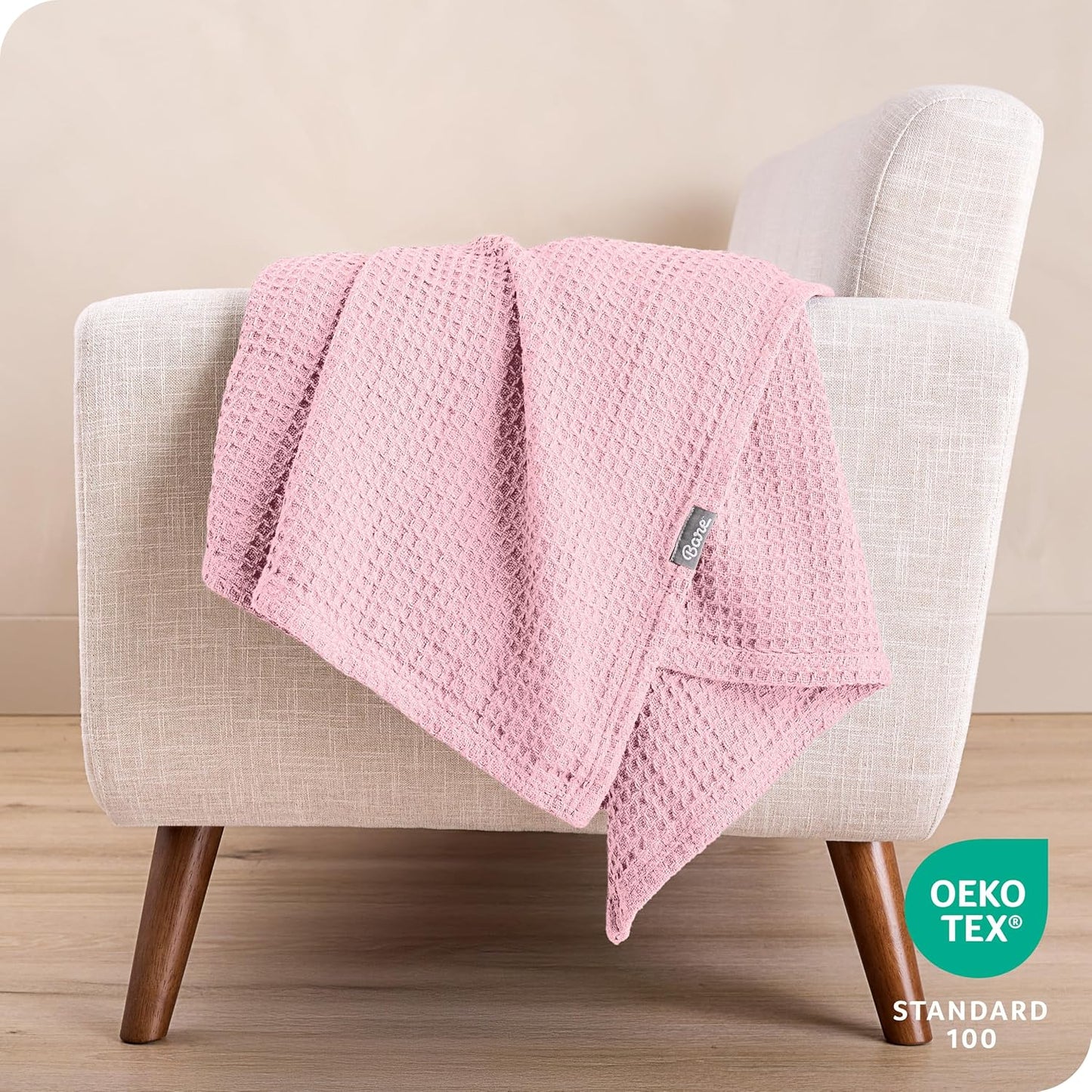 Bare Home Light Pink Waffle Blanket, 108Wx90L, 100% Cotton, Soft & Breathable for All Seasons, Lightweight Blanket, Perfect for Layering Bed, Sofa & Couch (King/Cal King, Light Pink)