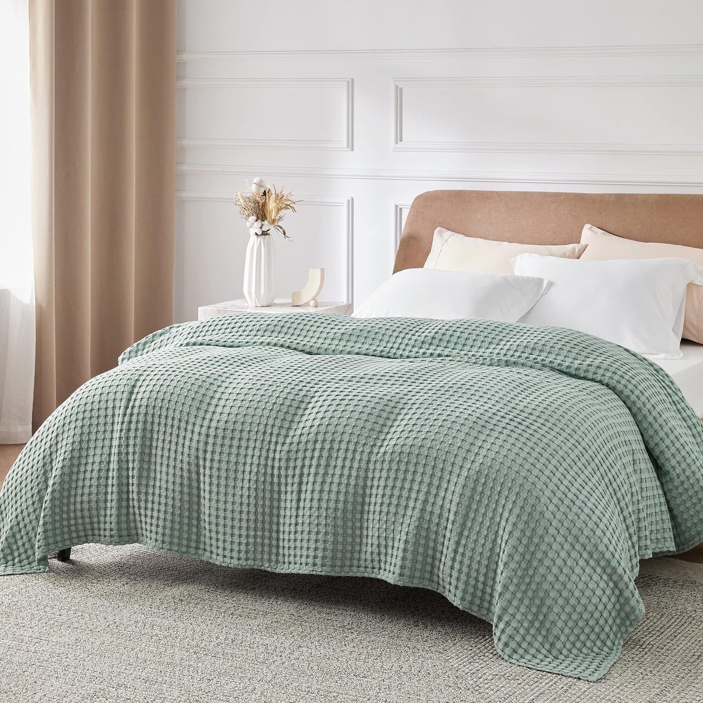 Bedsure Cooling Cotton Waffle Full Size Blanket - Lightweight Breathable Blanket of Rayon Derived from Bamboo for Hot Sleepers, Luxury Throws for Bed, Couch and Sofa, Mint Green, 80x90 Inches