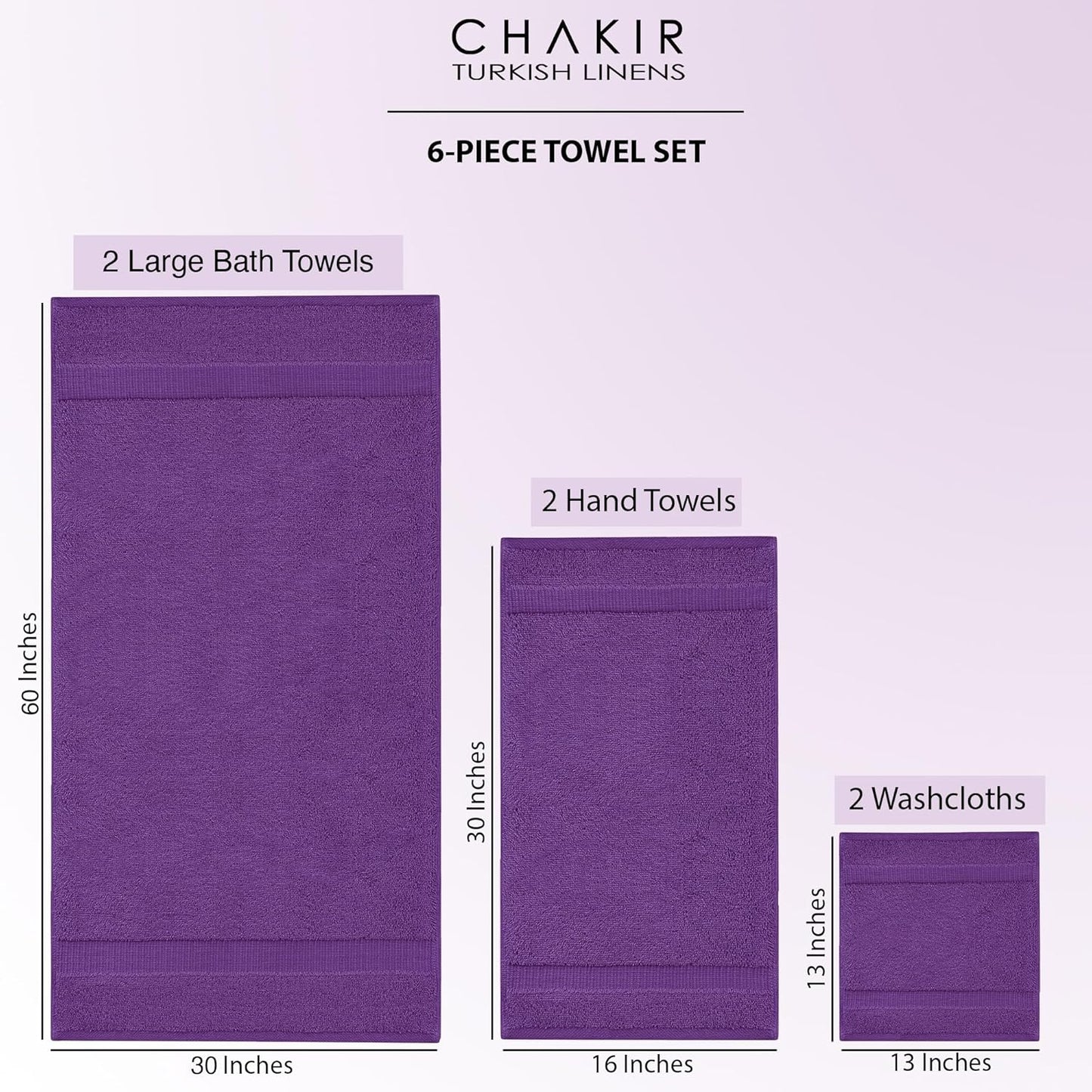 Chakir Turkish Linens 100% Cotton Premium Turkish Towels for Bathroom, 2 Large Bath Towels, 2 Hand Towels, 2 Washcloths (6-Piece Towel Set, Eggplant)