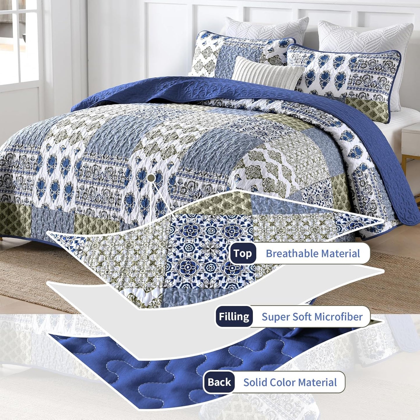 Mybedsoul Blue Quilt Set King Size 3 Pieces Boho Plaid Aqua Blue Floral Bedspread Set Microfiber Lightweight Bohemian Bedding Set for All Season (1 Quilt + 2 Pillow Shams) 90"x104"