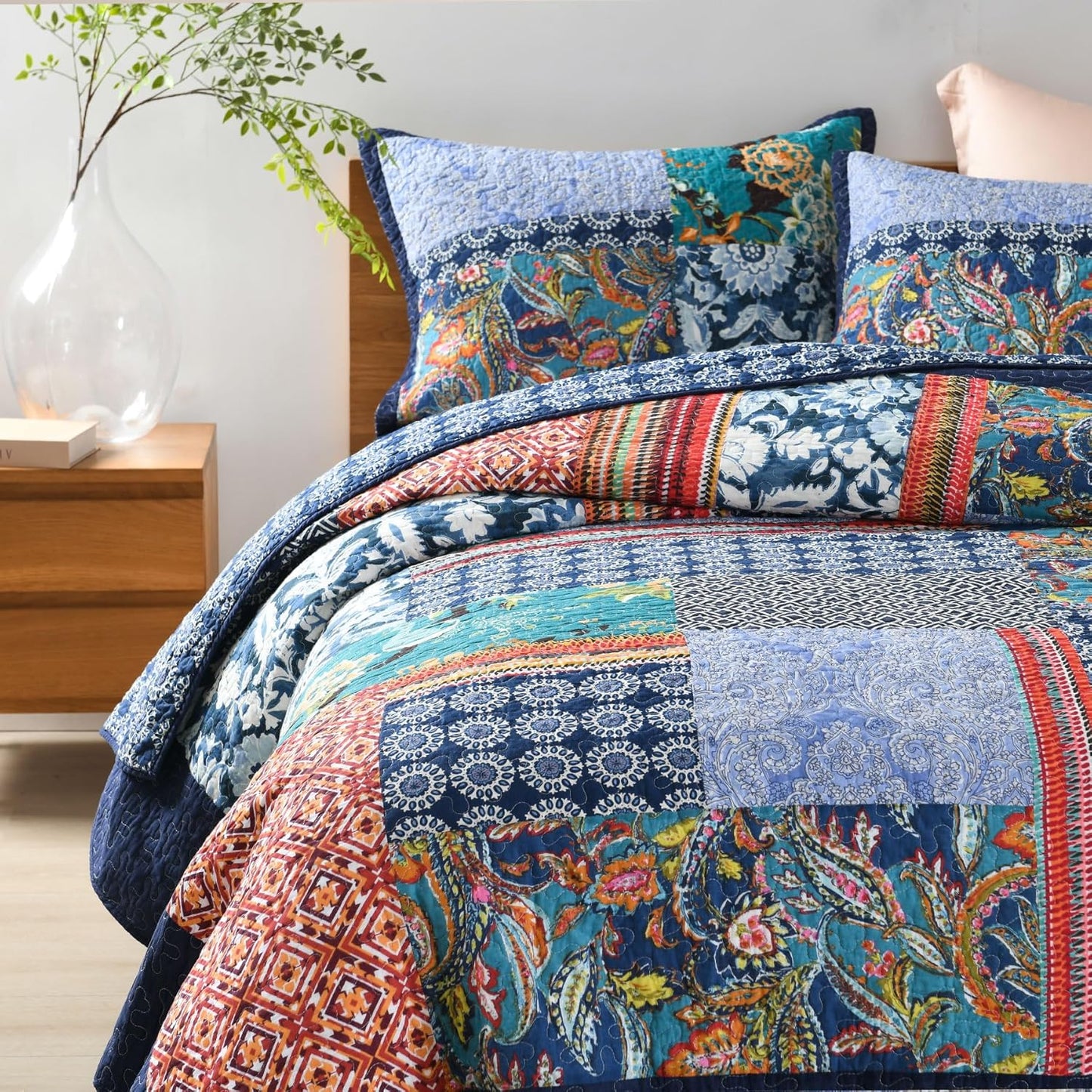 Secgo Twin Size Quilt Size - 100% Cotton Twin Comforter Set Bedding Sets (68 * 86 Inch) with 2 Pillow Shams, Patchwork Reversible Lightweight Bedspread