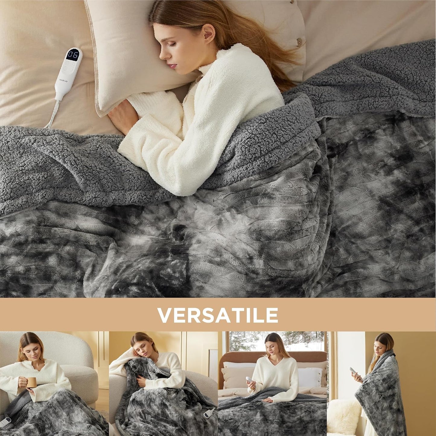 Bedsure Faux Fur Heated Blanket Full Size, Fast Heating Electric Blanket Full Size with 6 Heating Levels & 10 Time Settings, Cozy Gifts for Women Men (72x84 inches, Grey)