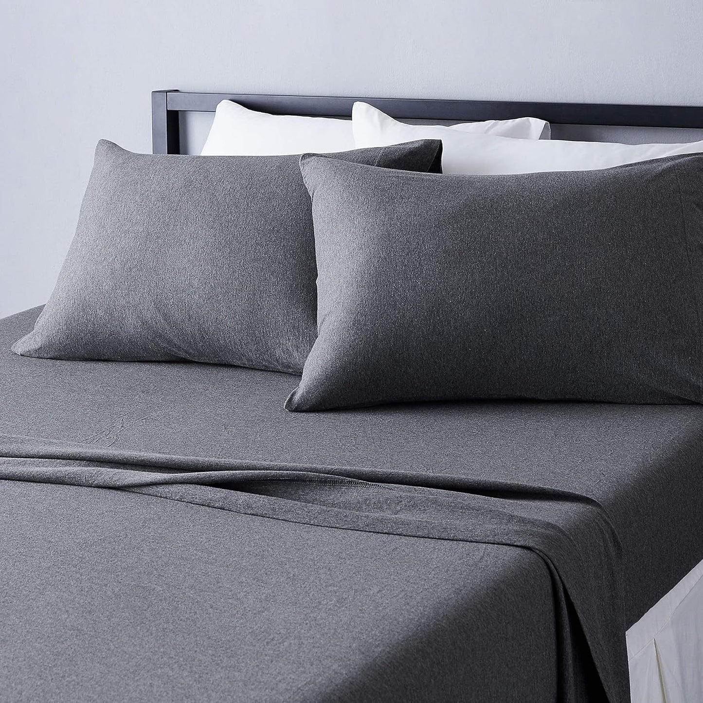 Amazon Basics 4 Piece Bed Sheet Set, 100% Cotton Jersey, Includes Super Soft, Flat and Fitted Sheets, Pillowcase, Queen, Dark Gray, Solid