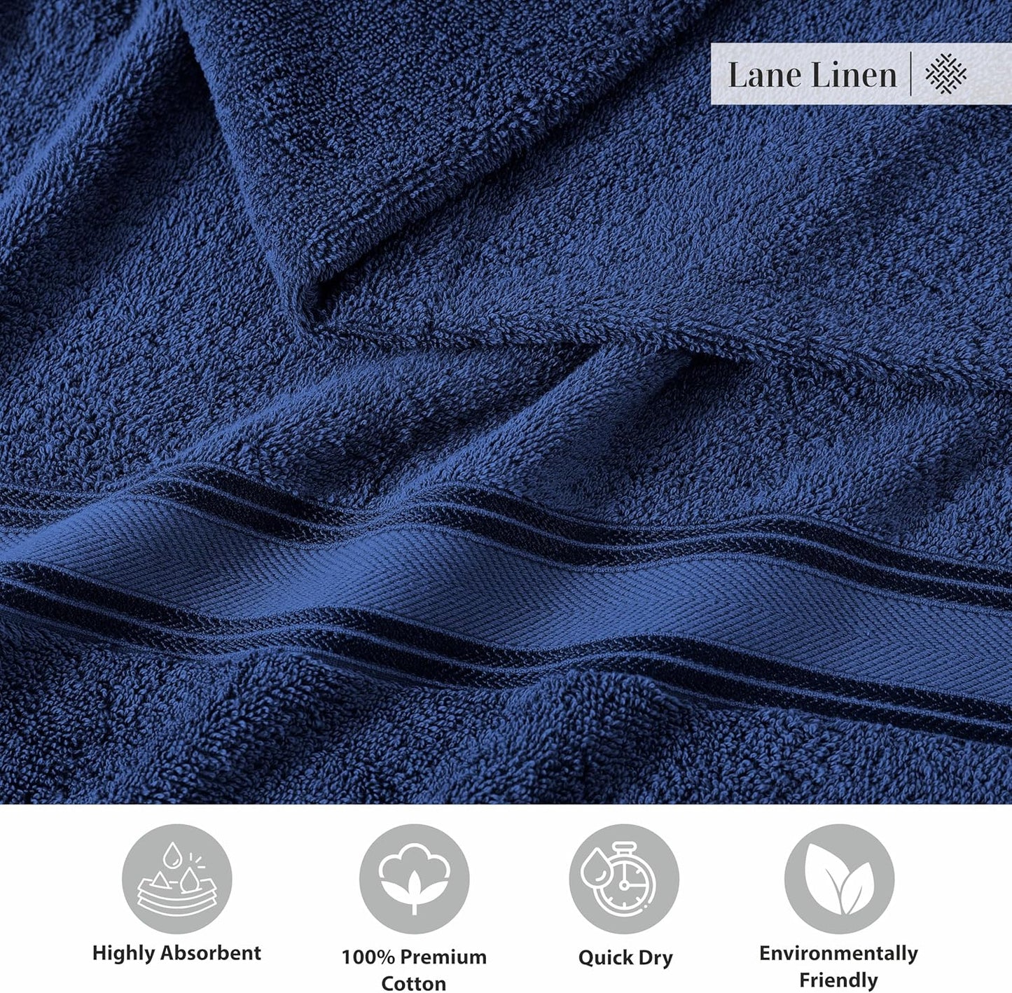 LANE LINEN 100% Cotton 4 Pack Bath Towels (28"x54") - Zero Twist, Mercerized Cotton Towels Set for Bathroom - Quick Dry, Soft & Absorbent Large Bath Towel Set - Dorm Essentials for Boys - Navy Blue