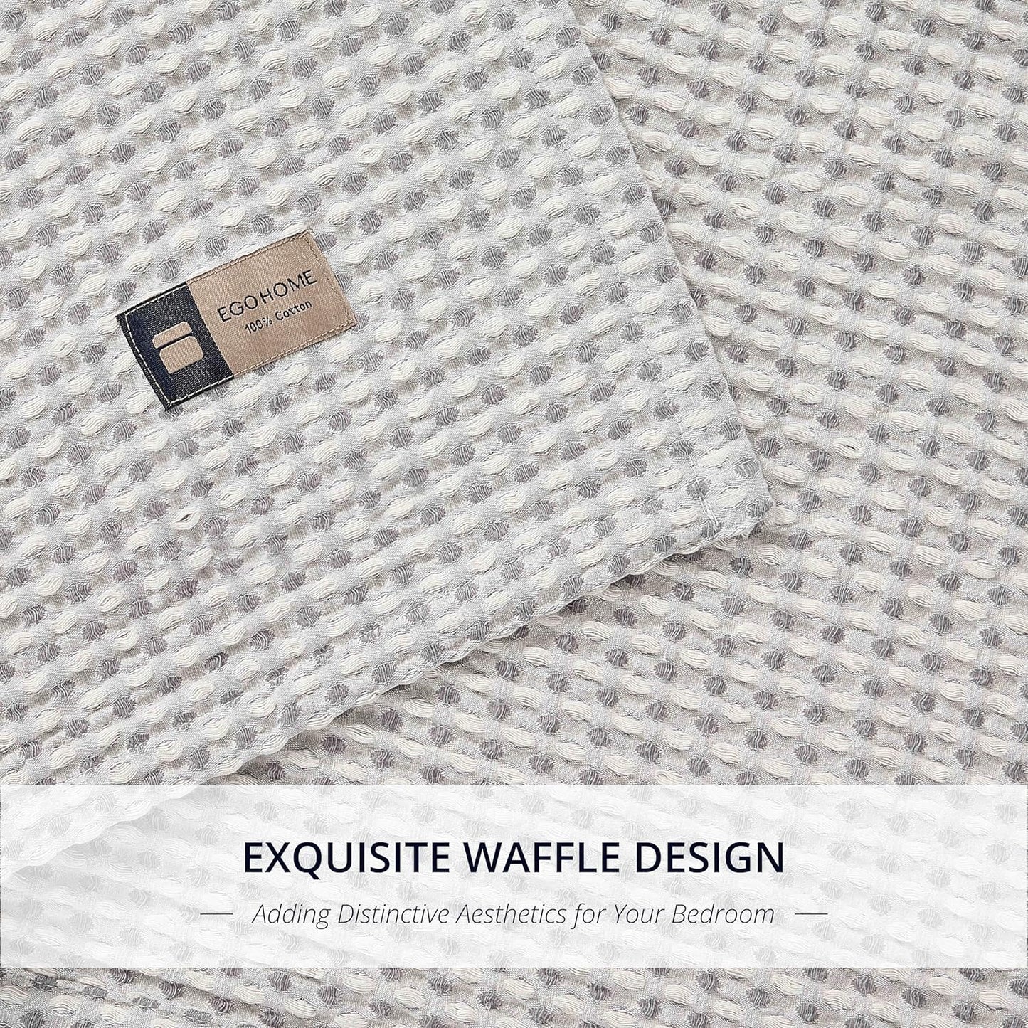 EGOHOME 100% Cotton Queen Size Blankets for Bed,Soft Jacquard Waffle Weave Blanket,Lightweight and Breathable Unique Dual-Tone Texture Cotton Blanket for All Seasons-Sleet Grey,90 x 90 Inches