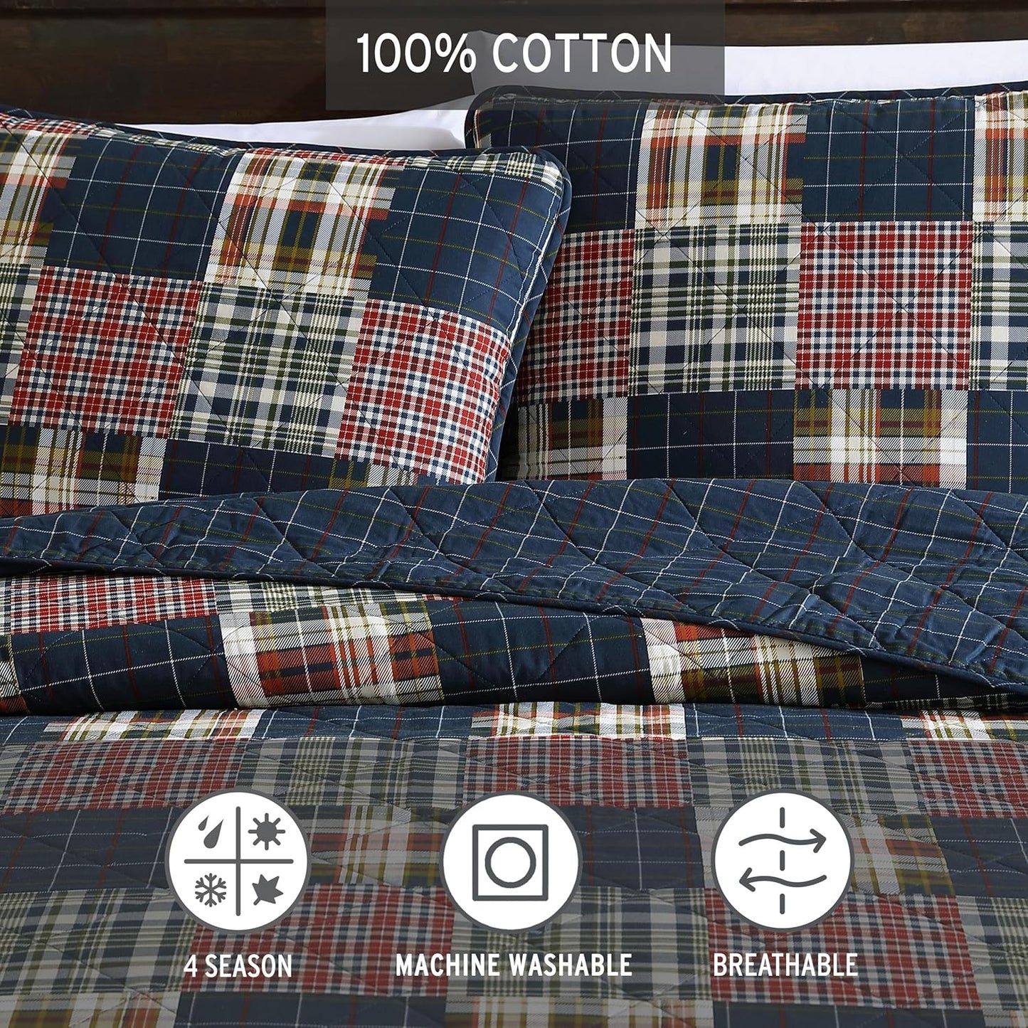 Eddie Bauer - Twin Quilt Set, Cotton Reversible Bedding with Matching Sham, Luxurious Bedding Set (Madrona Navy/Red, Twin)