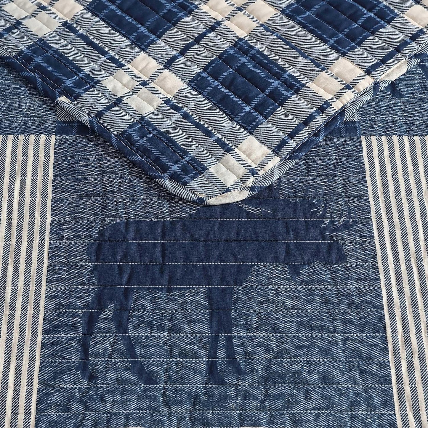 Eddie Bauer - Twin Quilt Set, Naturally Soft Cotton Bedding w/a Lightweight Feel for All-Year Comfort, Reversible w/Matching Pillowcase, 2 Piece Bed Set (Moose Plaid/Pinstripe/Patchwork Blue)