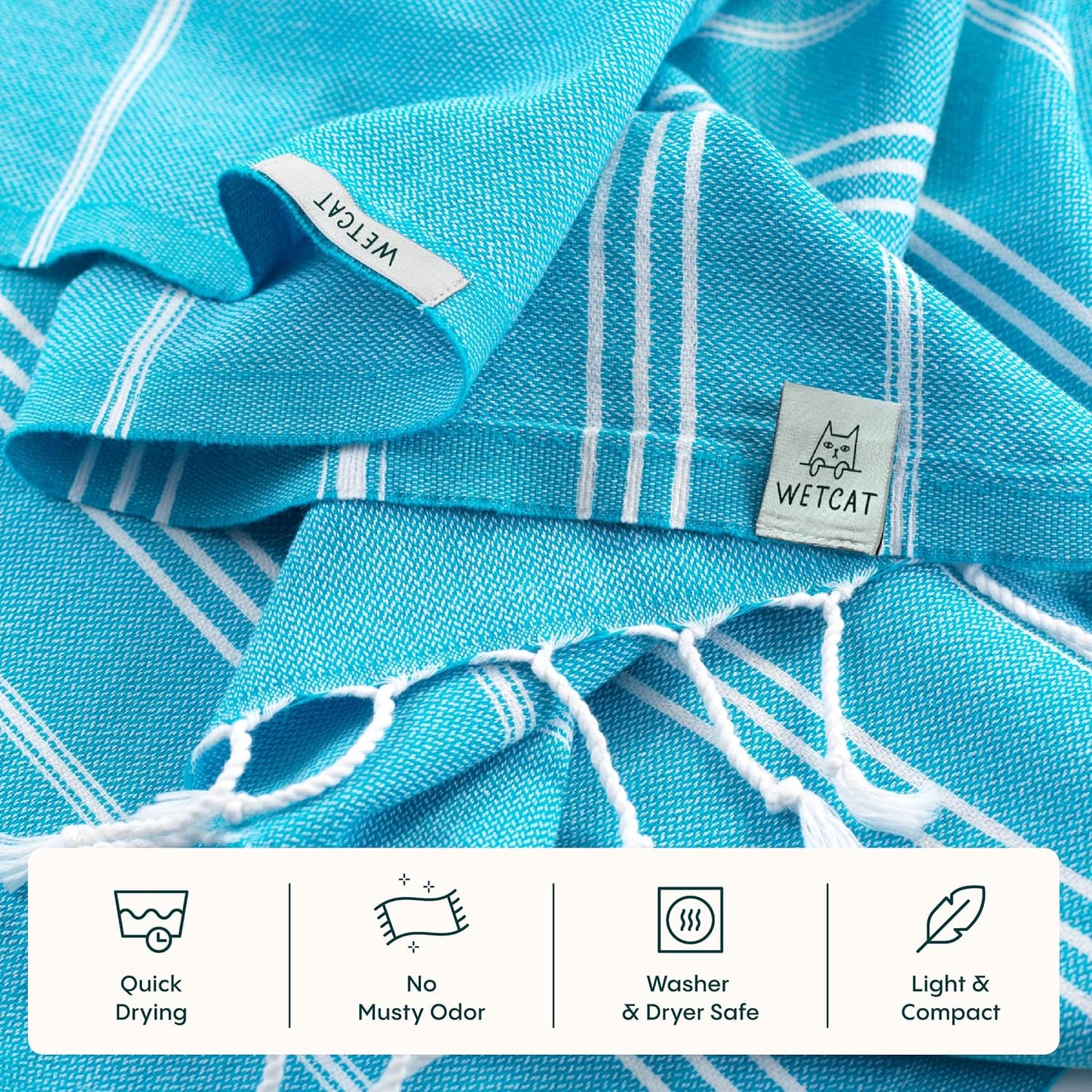 WETCAT Turkish Hand Towels with Hanging Loop, Set of 2 (20" x 30") 100% Turkish Cotton, Pre-Washed, Quick Drying, for Kitchen or Bathroom - Turquoise