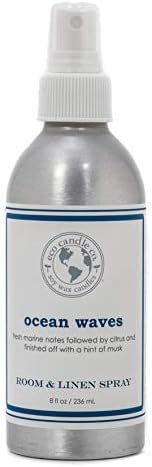 ECO CANDLE CO. Room & Linen Spray, Ocean Waves, 8 oz. - Scents Of Marine Air, Citrus, & Musk - Recycled Aluminum Bottle, No Propellents, Pump Top, All Natural Ingredients