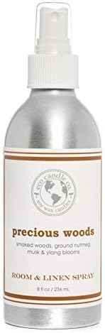 ECO CANDLE CO. Room & Linen Spray, Precious Woods, 8 oz. - Scents Of Smoked Wood, Nutmeg, Musk, & Ylang - Recycled Aluminum Bottle, No Propellents, Pump Top, All Natural Ingredients