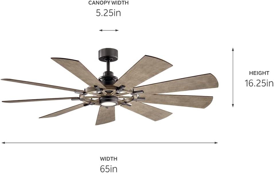 KICHLER Gentry 65” LED Ceiling Fan in Anvil Iron, Extra Large Indoor Fan with Reversible Blades and Modern Design, 300265AVI