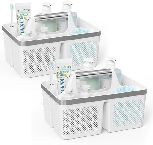 2Pack Shower Caddy Dorm: Portable Bathroom Caddy Organizer with Handle and Holes, Plastic Cleaning Caddy, Hard Shower Basket Storage Tote for Toiletry, College Dorm Room Essentials White/Silver