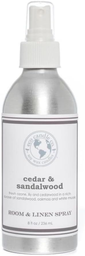 ECO CANDLE CO. Room & Linen Spray, Cedar & Sandalwood, 8 oz. -Scents of Ozone, Lily & Cedarwood - Recycled Aluminum Bottle, No Propellents, Pump Top, All Natural Ingredients