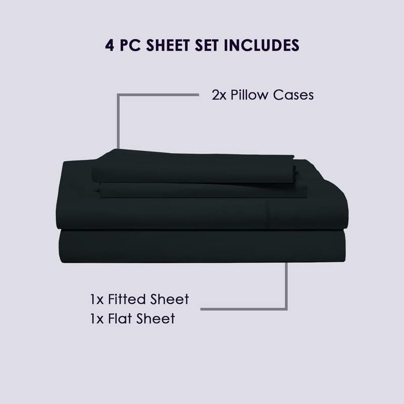 Pizuna Pure 100% Cotton Queen Size Sheets, 800 Thread Count Long Staple Cotton Crisp Sateen with 15in Deep Pocket (Combed Black Cotton)