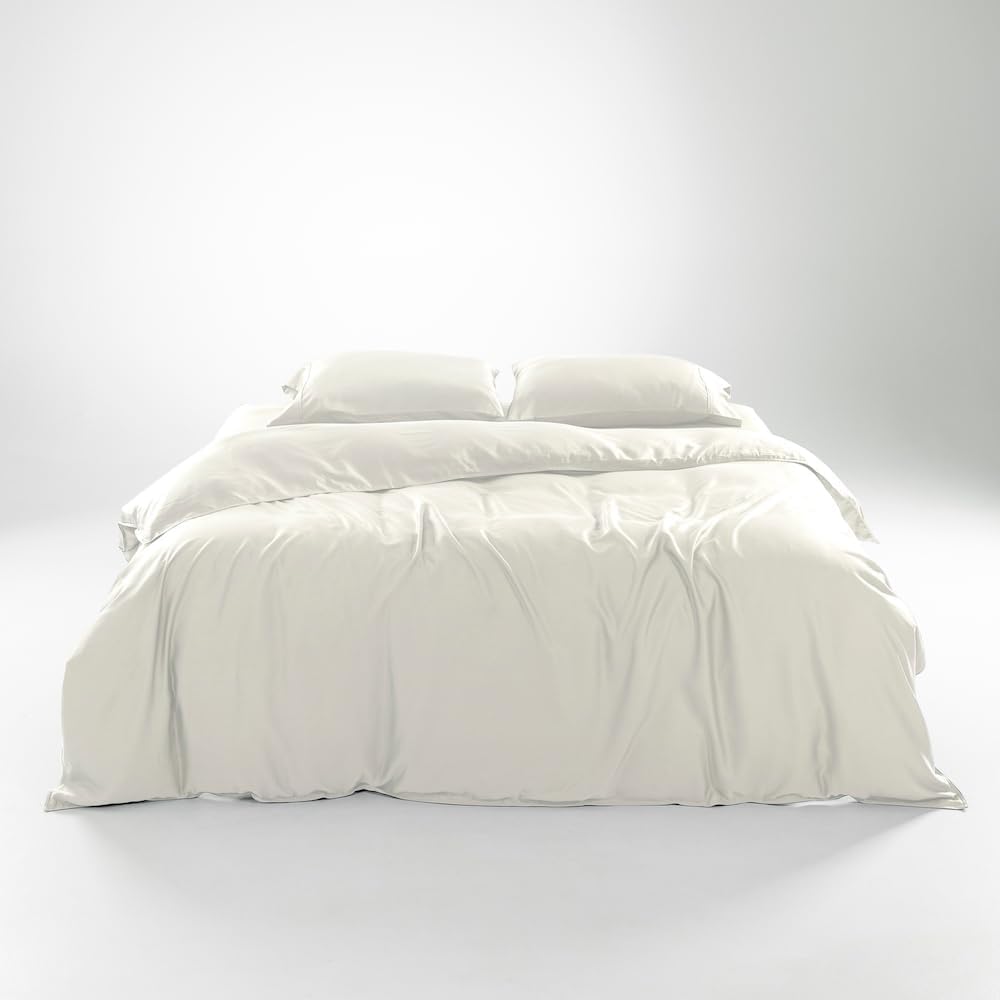 Olive + Crate Tencel Eucalyptus Cooling Duvet Cover Set - Hypoallergenic, Lyocell Tencel Duvet Cover - Soft, Temperature Regulating with Hidden Button Closure & Corner Ties - Queen Size [Ivory]