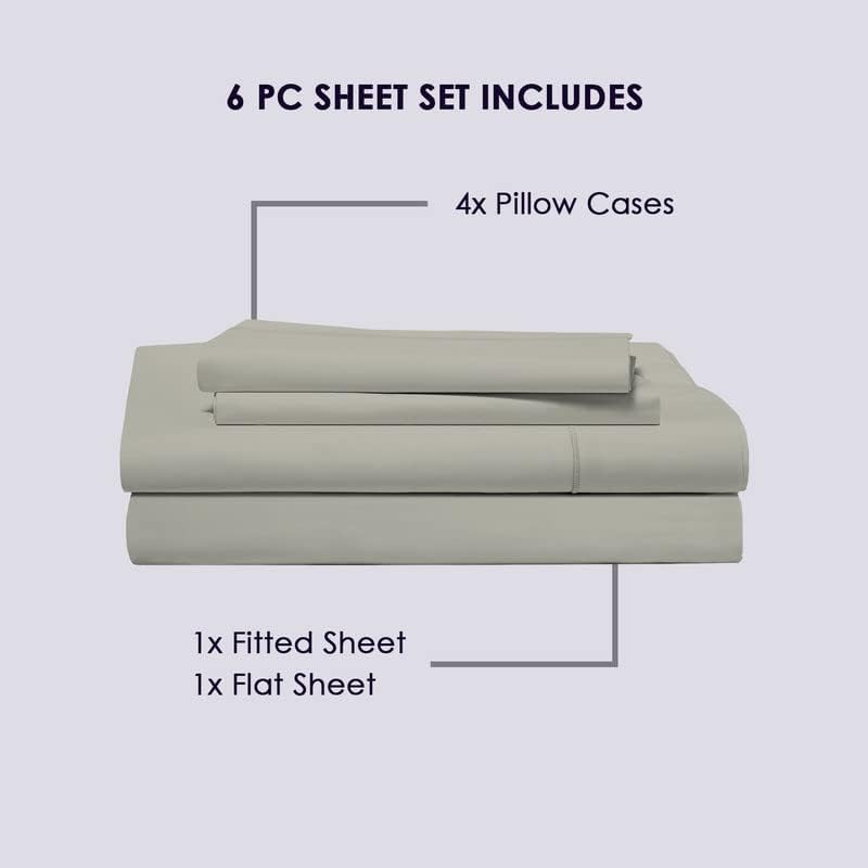 Pizuna Pure 100% Cotton 6pc King Size Sheets, 800 Thread Count Long Staple Crisp Sateen With 15" Deep Pocket (Combed Silver)
