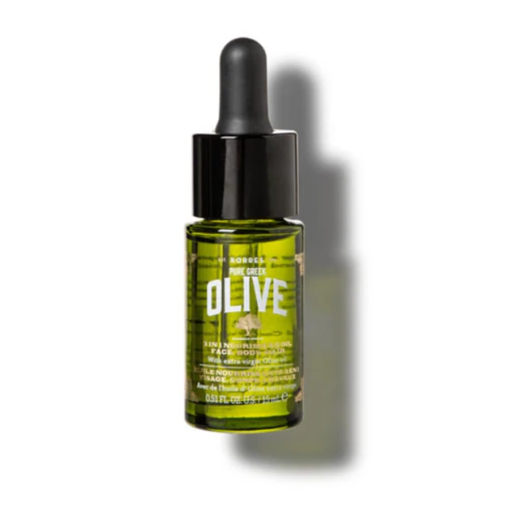 KORRES Mini Pure Greek Olive 3-in-1 Oil for Face, Hair & Body, Lightweight Moisturizer for Dry Skin & Hair, Cold-Pressed, Antioxidant-Rich Hydrating Oil, 0.51 fl oz, Stocking Stuffer