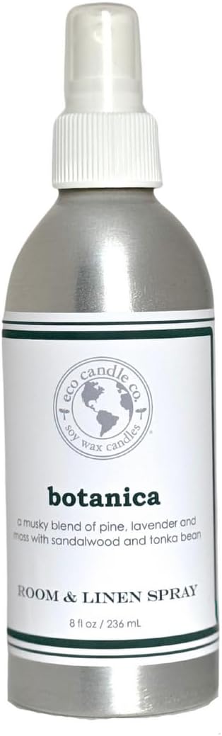 ECO CANDLE CO. Room & Linen Spray, Botanica, 8 oz. - Scents of Pine, Lavender, & Moss - Recycled Aluminum Bottle, No Propellents, Pump Top, All Natural Ingredients