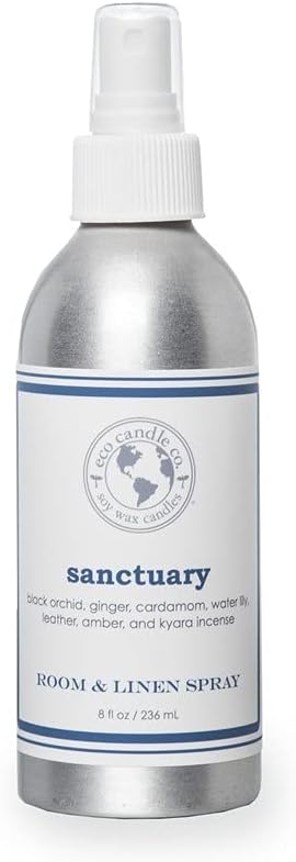 ECO CANDLE CO. Room & Linen Spray, Sanctuary, 8 oz. - Scents Of Black Orchid, Ginger, Cardamom, Lily, Leather, Amber, & Kyara - Recycled Aluminum Bottle, No Propellents, Pump Top, All Natural