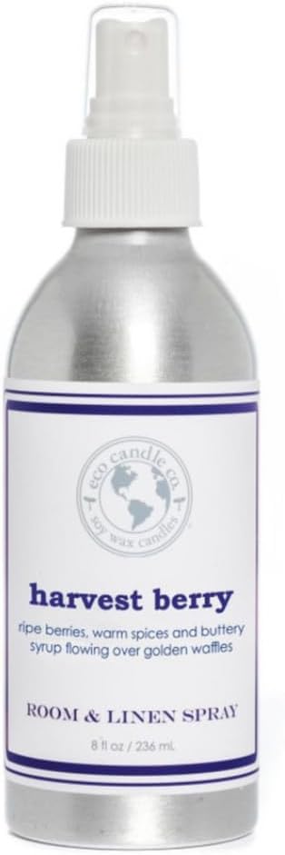 ECO CANDLE CO. Room & Linen Spray, Harvest Berry, 8 oz. - Scents of Berries, Spices & Buttery Syrup flowing over golden waffles. - Recycled Aluminum Bottle, No Propellents, Pump Top, All Natural