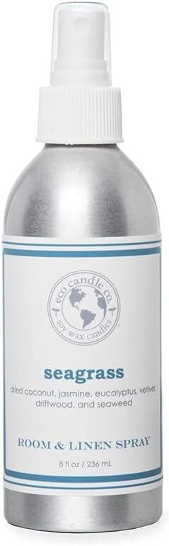 ECO CANDLE CO. Room & Linen Spray, Seagrass, 8 oz. - Scents Of Coconut, Jasmine, Eucalyptus, Vetiver, Driftwood, & Seaweed - Recycled Aluminum Bottle, No Propellents, Pump Top, All Natural