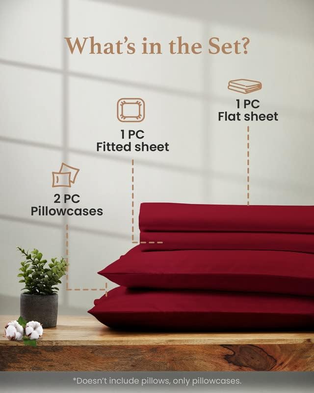 Good Sleep Bedding Egyptian Cotton - 4 Pc Cooling Bed Sheets, Solid Sateen Weave, Ultra Soft 16" Deep Pocket, Burgundy Queen Sheets Set