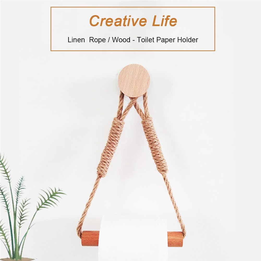 Wood & Rope Wall Toilet Paper Holder, Rustic Tissue Rolls Paper Holder Wall Mounted, Nautical Rattan Bathroom Accessories with Self-Adhesive Seamless Screw (with Bead)