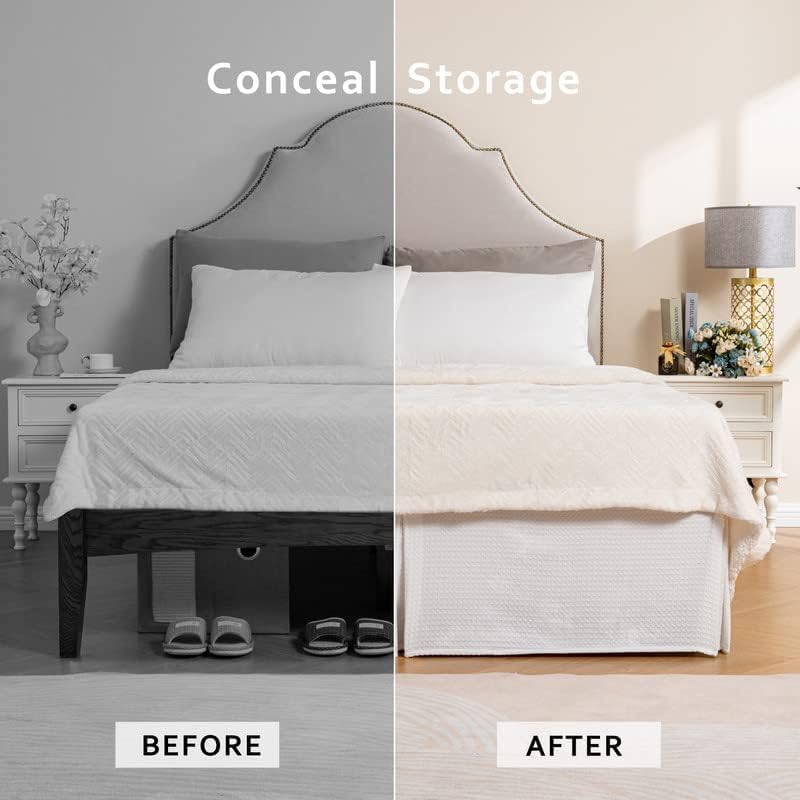 MIYE Pleated Waffle Weave Bed Skirt, Tailored Dust Ruffle 12 Inch Drop Easy Fit, Machine Washable (White, Full - 12" Drop)