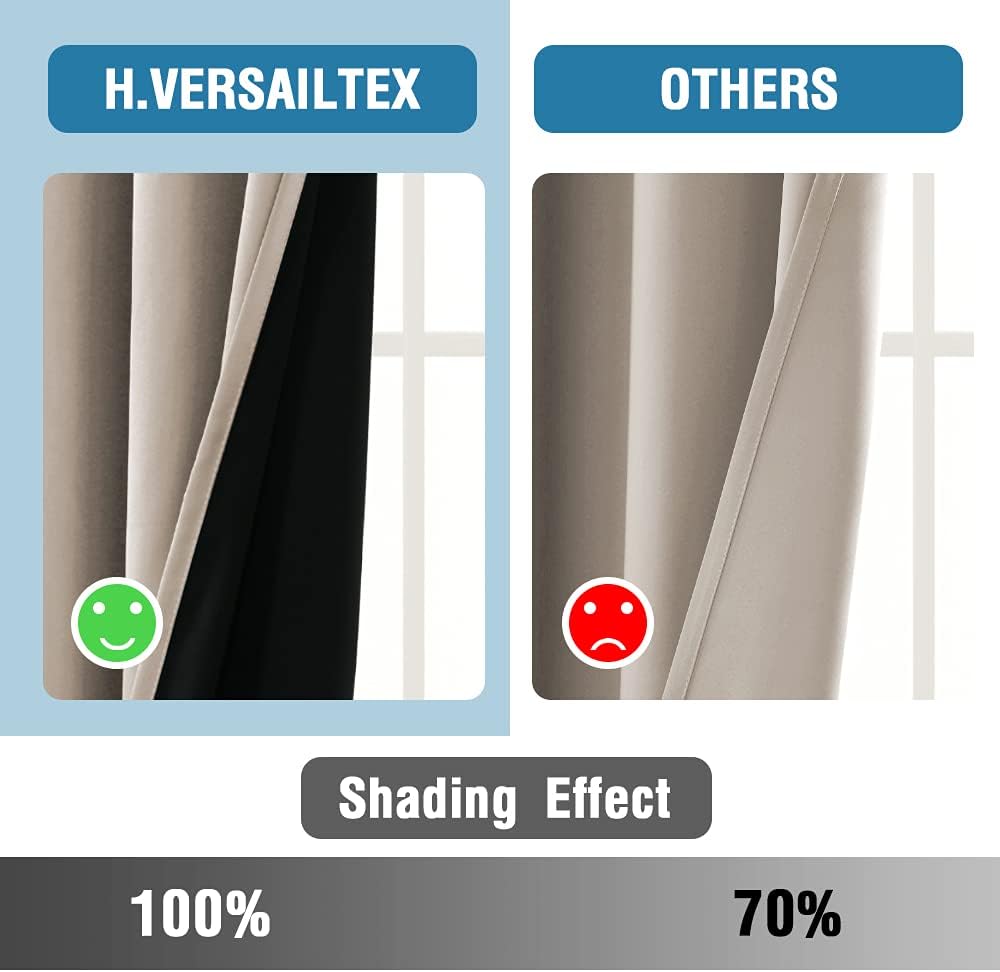 H.VERSAILTEX 100% Blackout Curtains for Bedroom Thermal Insulated Blackout Curtains 96 Inches Long Rod Pocket/Clip Rings Curtains for Living Room with Black Liner 2 Panels, Natural Sand