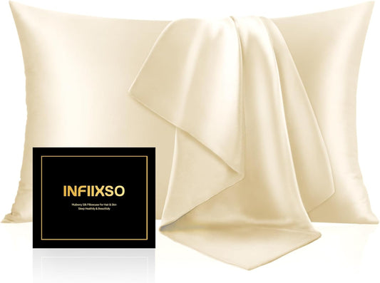 INFIIXSO Mulberry Silk Pillowcase for Hair and Skin, Silk Pillow Cases Standard Size with Hidden Zipper 20x26 Inches, Extraordinary Smooth and Soft Cooling Pillow Cases for Hot Sleepers(Ivory, 1 Pack)