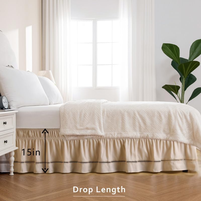 MIYE Wrap Around Ruffled Lace Bed Skirt, Elastic Dust Ruffle with Adjustable Belts, Easy to Put On, Bed Frame Cover, Machine Washable (Ruffled Lace/Beige, King/Queen-15 Drop)