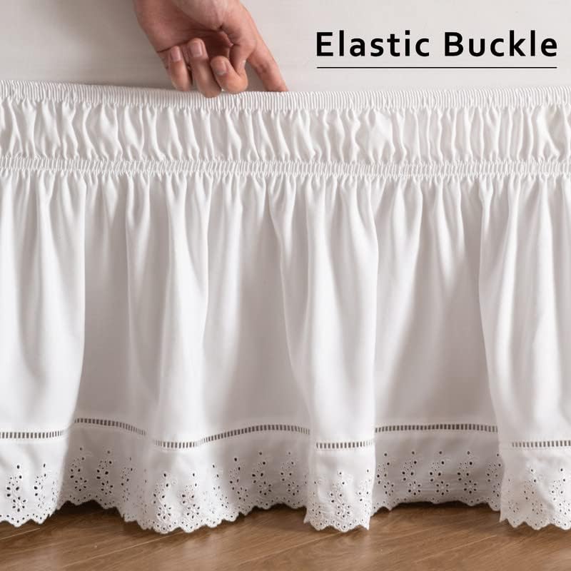 MIYE Wrap Around Ruffled Lace Bed Skirt, Elastic Dust Ruffle with Adjustable Belts, Easy to Put On, Bed Frame Cover, Machine Washable (Embroidered/White, King/Queen-22 Drop)