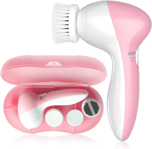 Electric Facial Cleansing Brush for Women, 3-in-1 Face Cleanser and Exfoliator Brush with 3 Brush Heads, 2 Speeds, Waterproof Spin Brush, Travel Size Case (Pink, Battery Operated)