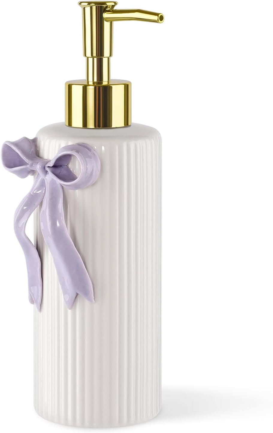 Handmade Ceramic Bow Soap Pump Dispenser Hand Lotion Liquid Dispenser Refillable for Kitchen and Bathroom Decorative (Ribbon Lavender)