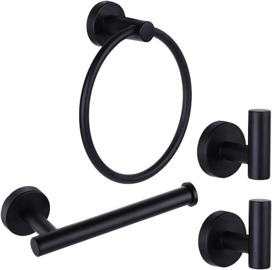 4 Piece Matte Black Stainless Steel Bathroom Hardware Set Include Hand Towel Ring, Toilet Paper Holder,and 2 Robe Towel Hooks,Bathroom Accessories Kit