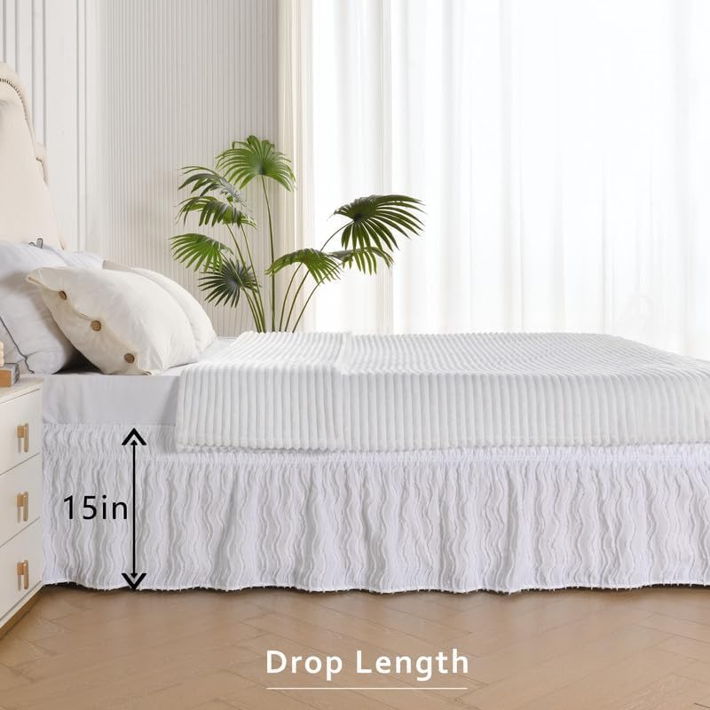 MIYE Wavy Tufted Bed Skirt - Wrap Around Dust Ruffle with Elastic Belts - 15 Inch Drop Easy to Put On - Bedskirt Machine Washable ＆ Wrinkle Resistant(Wavy/White, King/Queen-15 Drop)