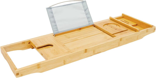 Bathtub Tray, Expandable Bamboo Bath Tray Wood Bath Caddy with Wine Glass Holder, Book & Tablet Stand for Bathroom Accessories Spa Relaxation Housewarming & Wedding Gift