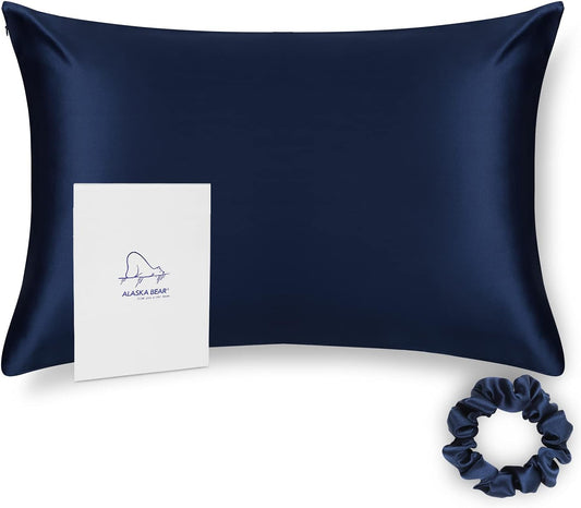 ALASKA BEAR Silk Pillowcase Queen Size Gift Set for Skin and Hair Care Beauty Sleep 100 Percent Organic Mulberry Pillow Slip Case (1pc, Navy)