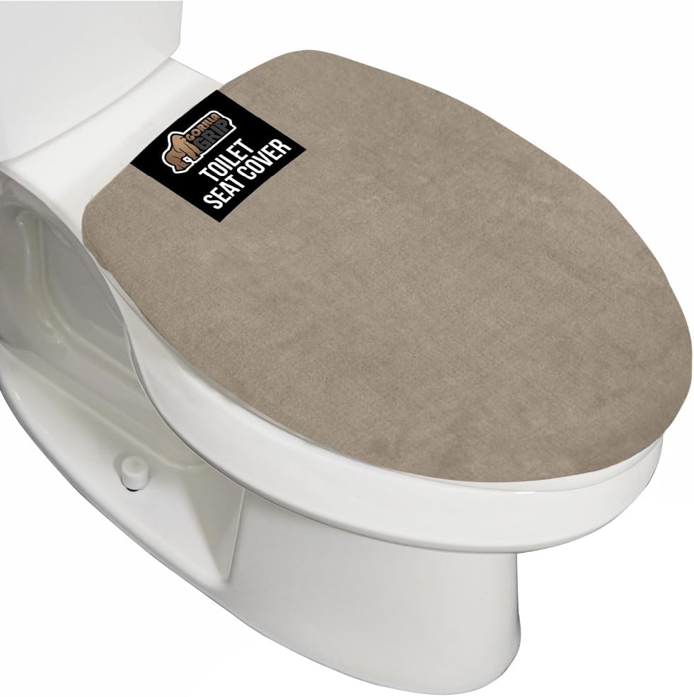 GORILLA GRIP Thick Memory Foam Bathroom Toilet Lid Seat Cover, Soft Velvet Topside, Machine Wash, Plush Cushioned Covers Fits Most Size Lids, Decorative Bath Room Accessories, 19.5x18.5, Taupe